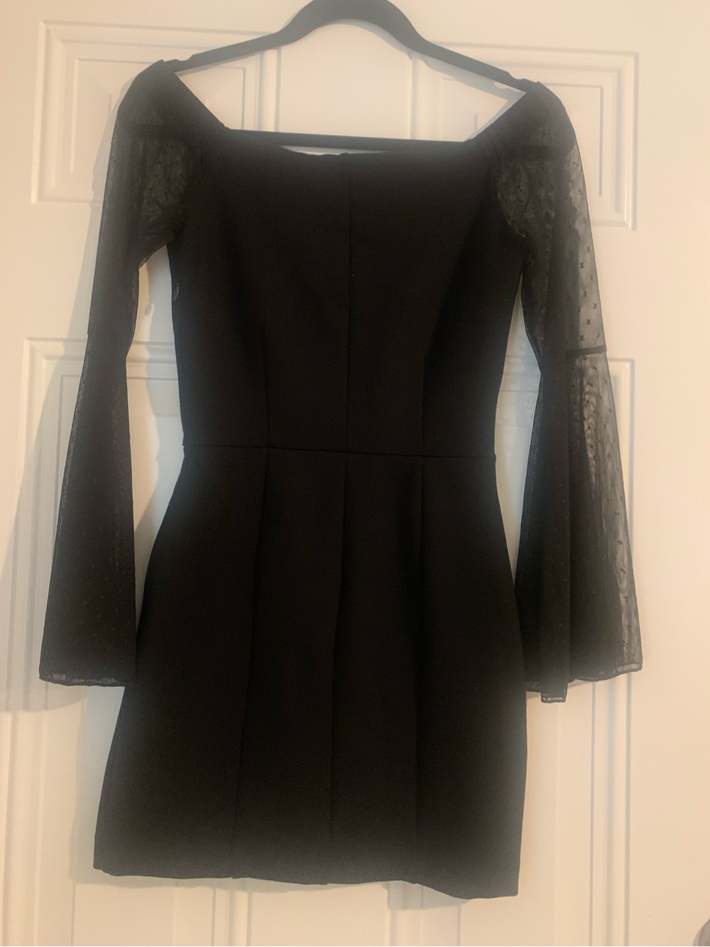 French Connection Black Off-Shoulder Mini Dress with Sheer Bell Sleeves Size XS